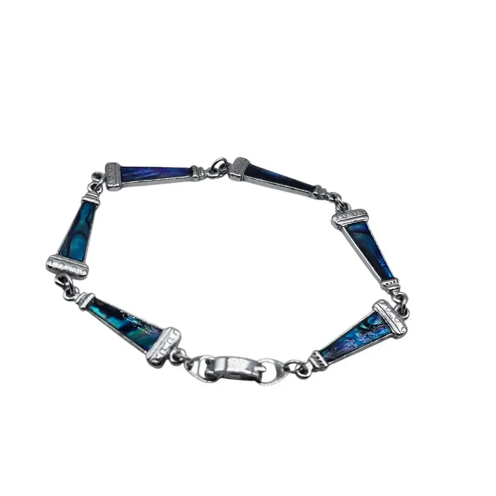 Bracelet Blue Teal Simulated Abalone Enamel Silver Tone Folding Clasp Approx 7